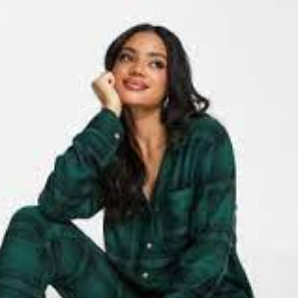 Gilly Hicks Green & Black Night Watch Flannel Shirt Small S Dark Romance
